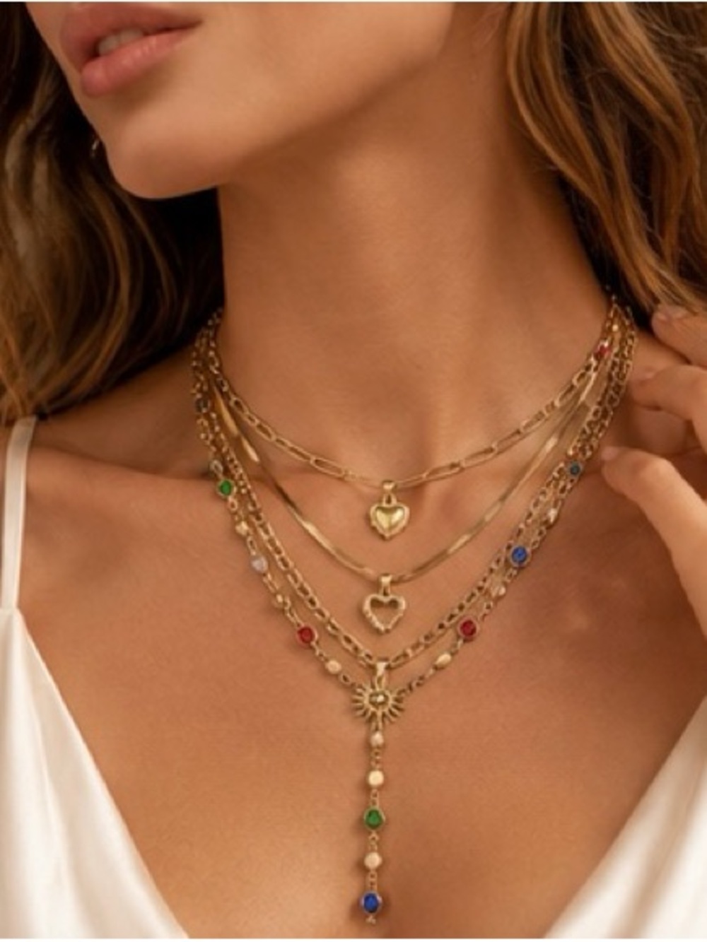 Gold Multi-Layer Heart & Gem Necklace